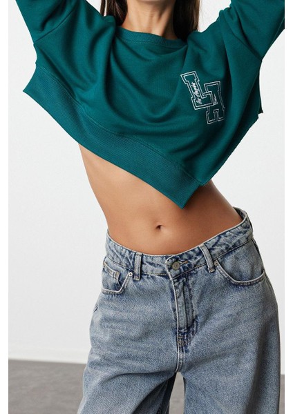 Tarz Oversize Bisiklet Yaka Düşük Kol Crop Geniş Kalıp Asimertik Crop Kalın Örme Sweatshirt