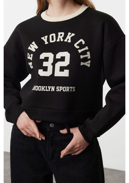 Oversize Bisiklet Yaka Düşük Kol Crop Slogan Geniş Kalıp Kalın Içi Polarlı Örme Sweatshirt