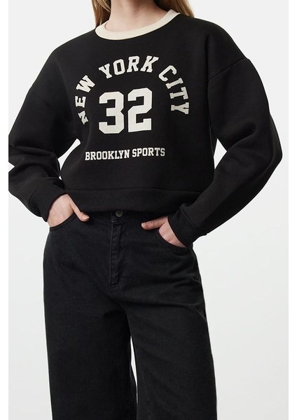 Oversize Bisiklet Yaka Düşük Kol Crop Slogan Geniş Kalıp Kalın Içi Polarlı Örme Sweatshirt