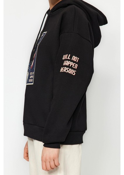 Tarz Bol Kapüşonlu Düşük Kol Uzun Kalın Içi Polarlı Uzay Baskılı Geniş Kesim Örme Sweatshirt modelleri