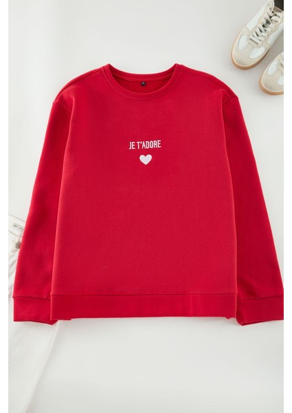Büyük Beden Bisiklet Yaka Standart Kol Içi Polarlı Nakışlı Normal Kalıp Örme Sweatshirt