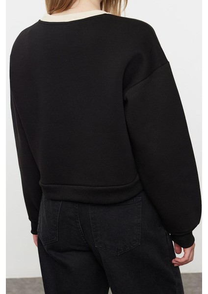 Oversize Bisiklet Yaka Düşük Kol Crop Slogan Geniş Kalıp Kalın Içi Polarlı Örme Sweatshirt