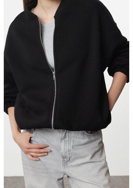 Oversize Bisiklet Yaka Düşük Kol Uzun Fermuarlı Geniş Kalıp Kalın Içi Polarlı Örme Sweatshirt