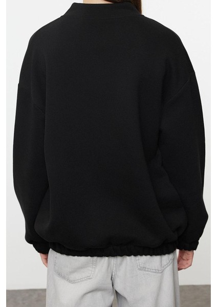 Oversize Bisiklet Yaka Düşük Kol Uzun Fermuarlı Geniş Kalıp Kalın Içi Polarlı Örme Sweatshirt