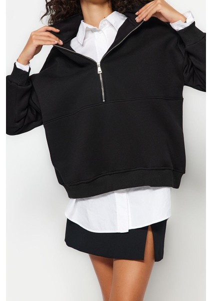 Oversize Dik Yaka Standart Geniş Kalıp Yarım Fermuarlı Kalın Polarlı Örme Sweatshirt