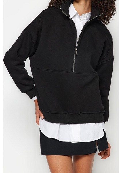 Oversize Dik Yaka Standart Geniş Kalıp Yarım Fermuarlı Kalın Polarlı Örme Sweatshirt