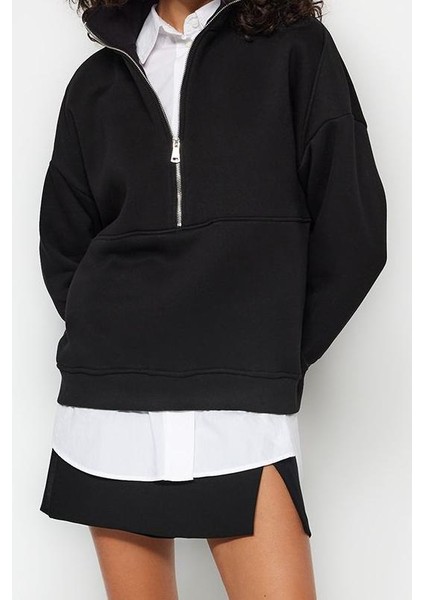 Oversize Dik Yaka Standart Geniş Kalıp Yarım Fermuarlı Kalın Polarlı Örme Sweatshirt