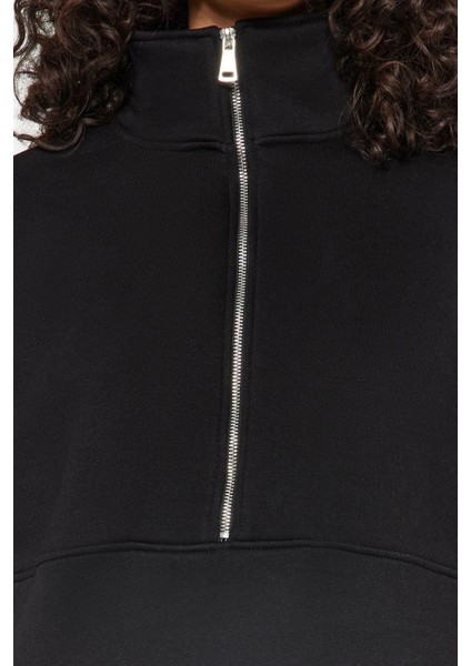 Oversize Dik Yaka Standart Geniş Kalıp Yarım Fermuarlı Kalın Polarlı Örme Sweatshirt