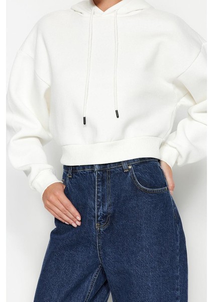 Tarz Relaxed Kapüşonlu Düşük Kol Crop Kalın Içi Polarlı Rahat Kesim Crop Basic Örme Sweatshirt modelleri