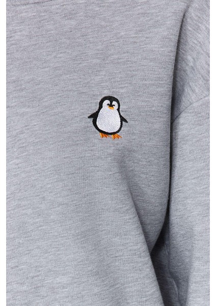 Bisiklet Yaka Standart Kol Animal Nakışlı Normal Kalıp Kalın Içi Polarlı Örme Sweatshirt