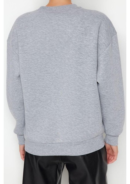 Bisiklet Yaka Standart Kol Animal Nakışlı Normal Kalıp Kalın Içi Polarlı Örme Sweatshirt