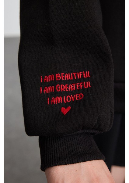 Regular Bisiklet Yaka Düşük Kol Regular Nakışlı Normal Kalıp Kalın Içi Polarlı Örme Sweatshirt modelleri
