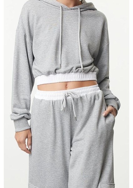 Tarz Crop Kapüşonlu Düşük Kol Crop Normal Kalıp Dokuma Garnili Kalın Örme Sweatshirt