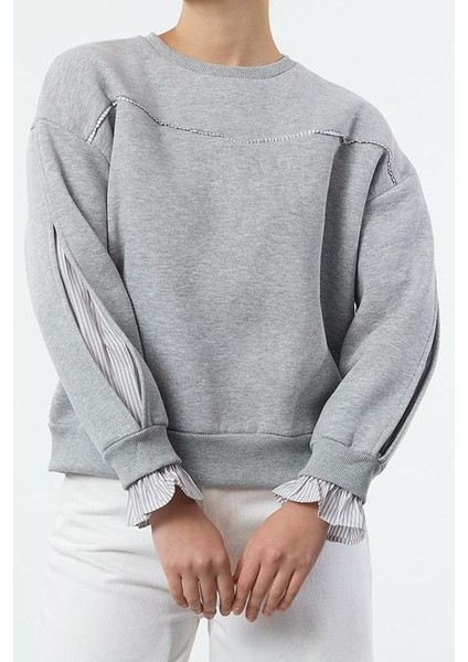 Relaxed Bisiklet Yaka Düşük Kol Dokuma Detaylı Rahat Kalıp Kalın Içi Polarlı Örme Sweatshirt