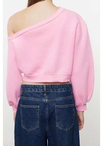 Asimetrik Yaka Balon Kol Crop Kalıp Kalın Içi Polarlı Crop Asimetrik Yaka Örme Sweatshirt