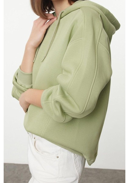 Tarz Oversize Kapüşonlu Düşük Kol Uzun Kalıp Kalın Içi Polarlı Örme Sweatshirt