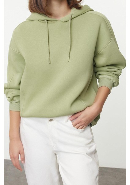 Tarz Oversize Kapüşonlu Düşük Kol Uzun Kalıp Kalın Içi Polarlı Örme Sweatshirt