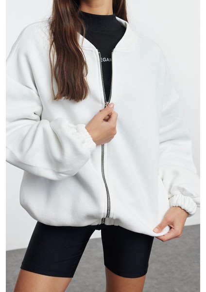 Oversize Bisiklet Yaka Düşük Kol Uzun Fermuarlı Geniş Kalıp Kalın Içi Polarlı Örme Sweatshirt