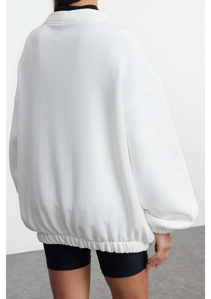 Oversize Bisiklet Yaka Düşük Kol Uzun Fermuarlı Geniş Kalıp Kalın Içi Polarlı Örme Sweatshirt