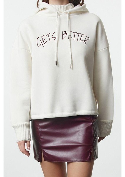 Tarz Relaxed Kapüşonlu Düşük Kol Uzun Kalın Içi Polarlı Triko Bant Detaylı Örme Sweatshirt