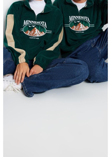 Unisex Tarz Oversize Dik Yaka Standart Kol Standart Geniş Kesim Fermuarlı Polar Sweatshirt
