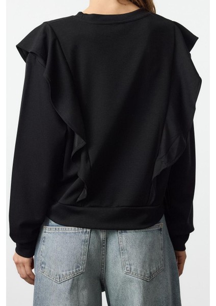 Relaxed Bisiklet Yaka Büzgülü/fırfırlı Kol Regular Fırfır Detaylı Rahat Kalıp Örme Sweatshirt