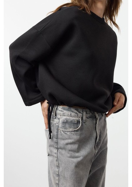 Tarz Relaxed Bisiklet Yaka Düşük Kol Regular Rahat Kalıp Stoper Detaylı Örme Sweatshirt