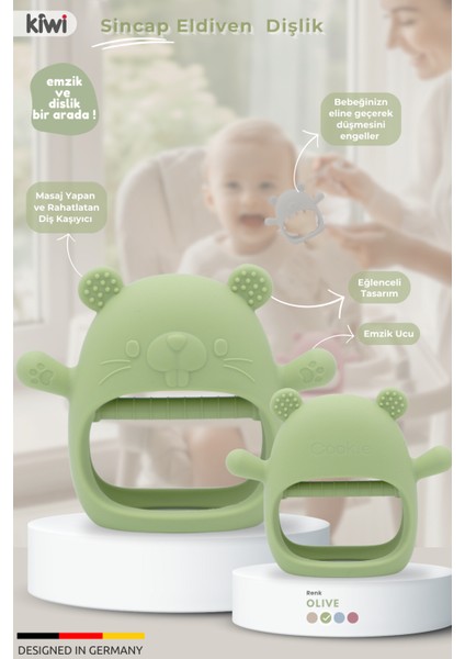 Sincap Bebek Diş Kaşıyıcı, Emzik Uçlu Eldiven Şeklinde Oyuncak Dişlik Silikon - Olive Renk indirimleri