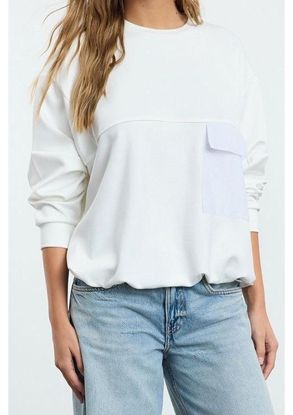 Bol Bisiklet Yaka Düşük Kol Uzun Yumuşak Tuşeli Paraşüt Cep Geniş Kesim Örme Sweatshirt
