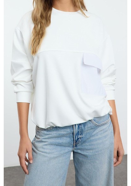 Bol Bisiklet Yaka Düşük Kol Uzun Yumuşak Tuşeli Paraşüt Cep Geniş Kesim Örme Sweatshirt