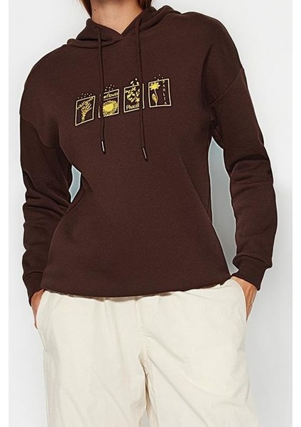 Tarz Bol Kapüşonlu Düşük Kol Uzun Baskılı Kalın Içi Polarlı Örme Sweatshirt