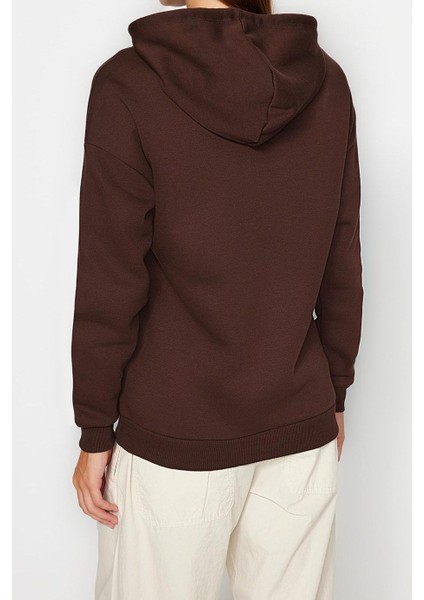 Tarz Bol Kapüşonlu Düşük Kol Uzun Baskılı Kalın Içi Polarlı Örme Sweatshirt