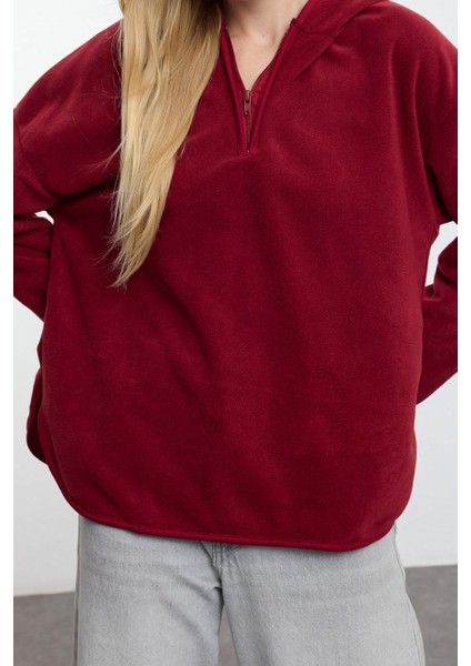 Tarz Bol Kapüşonlu Düşük Kol Uzun Kalın Polar ve Fermuarlı Geniş Kalıp Örme Sweatshirt