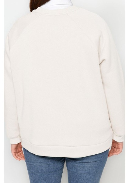 Büyük Beden Oversize Bisiklet Yaka Reglan Kol Kalın Içi Polarlı Nakış Detaylı Örme Sweatshirt