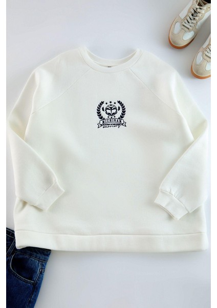 Büyük Beden Oversize Bisiklet Yaka Reglan Kol Kalın Içi Polarlı Nakış Detaylı Örme Sweatshirt