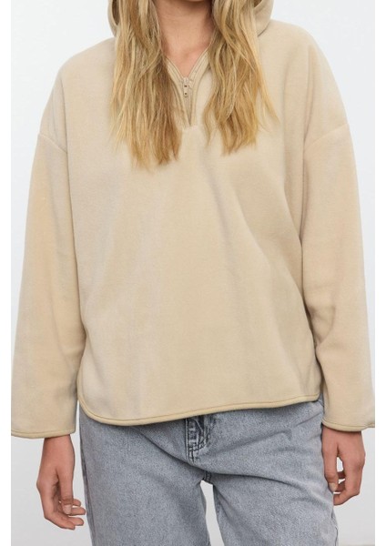 Tarz Bol Kapüşonlu Düşük Kol Uzun Kalın Polar ve Fermuarlı Geniş Kalıp Örme Sweatshirt