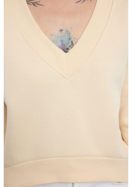 Regular V Yaka Düşük Kol Regular Basic Normal Kalıp V Yaka Kalın Içi Polarlı Örme Sweatshirt