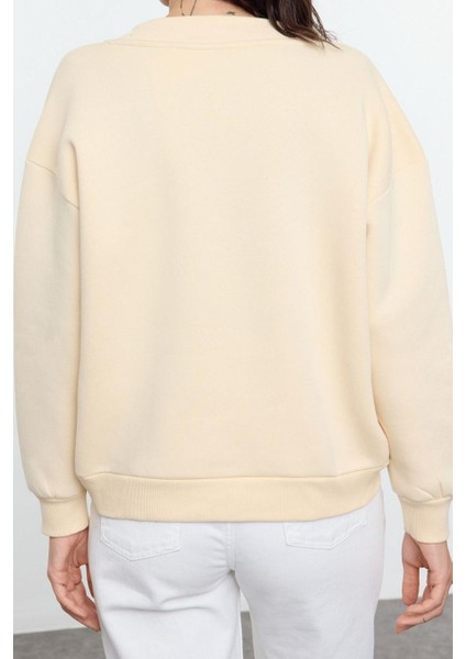 Regular V Yaka Düşük Kol Regular Basic Normal Kalıp V Yaka Kalın Içi Polarlı Örme Sweatshirt