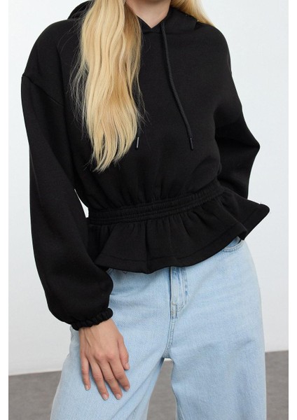 Oversize Kapüşonlu Balon Kol Regular Geniş Büzgü Detaylı Kalın Içi Polarlı Örme Sweatshirt