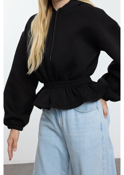 Oversize Kapüşonlu Balon Kol Regular Geniş Büzgü Detaylı Kalın Içi Polarlı Örme Sweatshirt