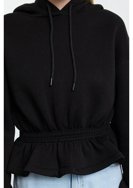 Oversize Kapüşonlu Balon Kol Regular Geniş Büzgü Detaylı Kalın Içi Polarlı Örme Sweatshirt