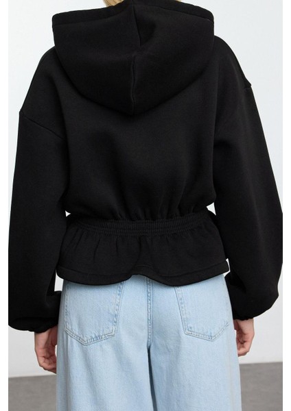 Oversize Kapüşonlu Balon Kol Regular Geniş Büzgü Detaylı Kalın Içi Polarlı Örme Sweatshirt