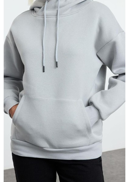 Bol Asimetrik Yaka Düşük Kol Uzun Geniş Kalıp Kanguru Cepli Kalın Içi Polarlı Örme Sweatshirt fiyatları