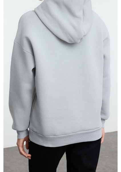 Bol Asimetrik Yaka Düşük Kol Uzun Geniş Kalıp Kanguru Cepli Kalın Içi Polarlı Örme Sweatshirt fırsatları