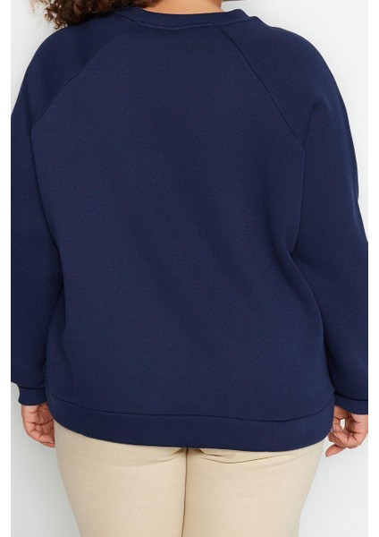 Büyük Beden Oversize Bisiklet Yaka Reglan Kol Kalın Içi Polarlı Nakış Detaylı Örme Sweatshirt indirimleri