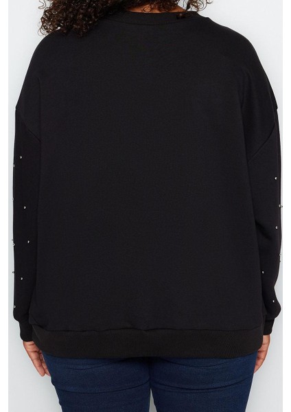 Büyük Beden Tarz Oversize Bisiklet Yaka Düşük Kol Regular Kalın Zımba Detaylı Örme Sweatshirt indirimleri