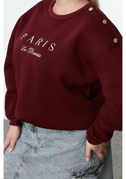 Büyük Beden Boyfriend Bisiklet Yaka Düşük Kol Düğme ve Nakışlı Içi Polar Örme Sweatshirt fiyatları