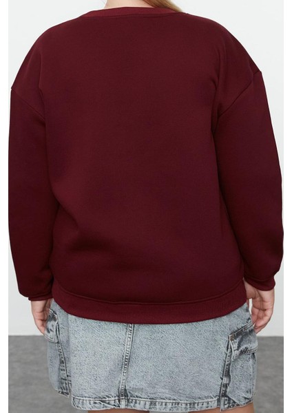 Büyük Beden Boyfriend Bisiklet Yaka Düşük Kol Düğme ve Nakışlı Içi Polar Örme Sweatshirt modelleri