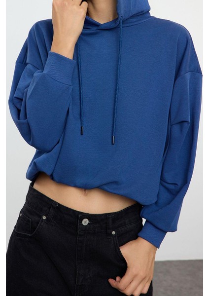 Relaxed Kapüşonlu Düşük Kol Regular Kalın Içi Polarlı Rahat Kesim Örme Sweatshirt