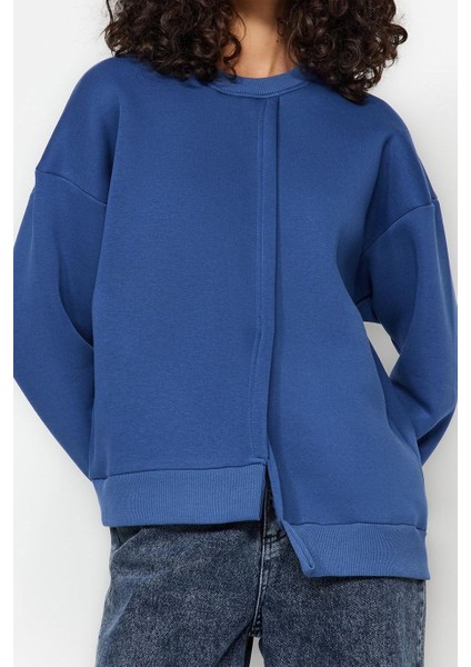 Regular Bisiklet Yaka Düşük Kol Regular Kalın Içi Polarlı Asimetrik Detaylı Örme Sweatshirt